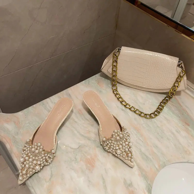 Beaded Pearl Lace Pointed Toe Stiletto Heels