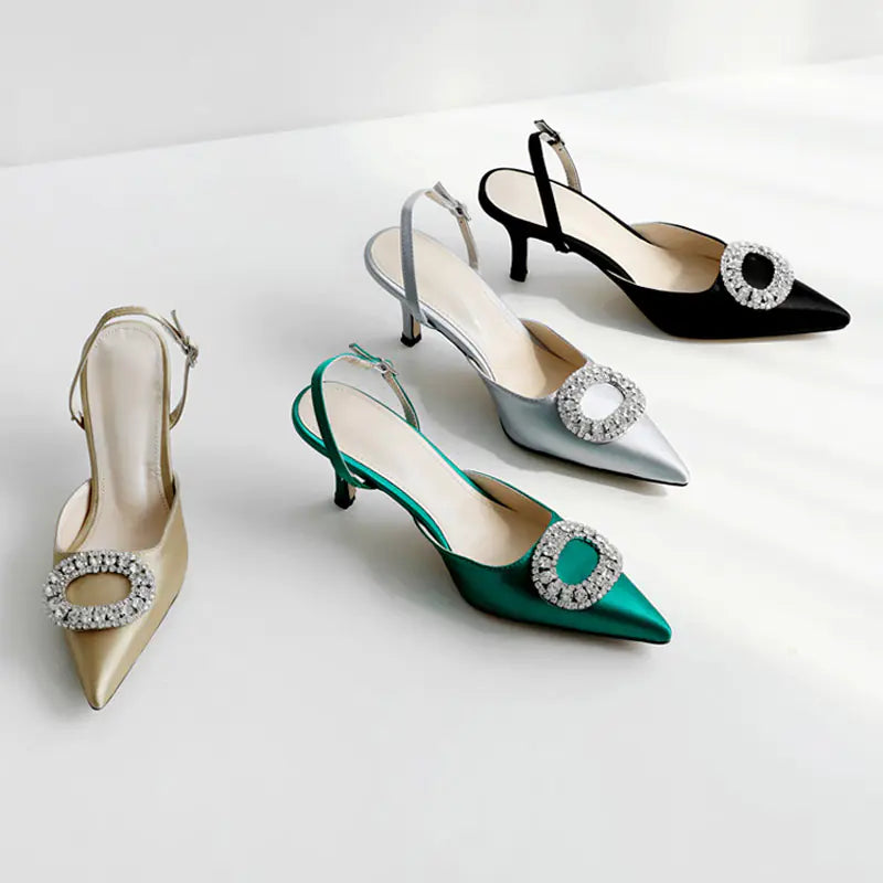 Satin Pointed Toe High Heel Sandals with Rhinestones