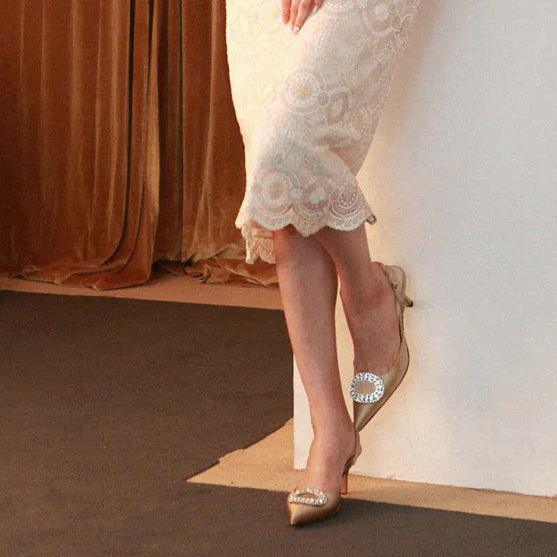 Satin Pointed Toe High Heel Sandals with Rhinestones