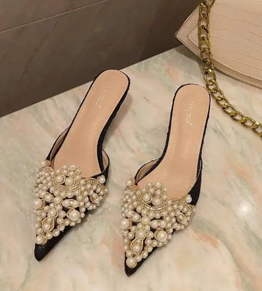 Beaded Pearl Lace Pointed Toe Stiletto Heels