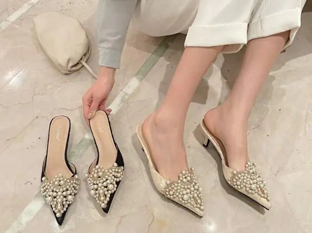 Beaded Pearl Lace Pointed Toe Stiletto Heels