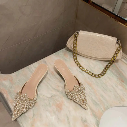 Beaded Pearl Lace Pointed Toe Stiletto Heels